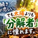 雨が続き太陽が恋しい。でも太陽よりも「分解者」に憧れます。